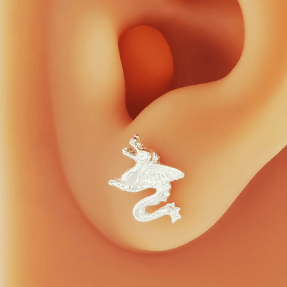 Made-to-order small dragon stud earrings in 10k, 14k, or 18k yellow, pink, or white solid gold by Le Dragon Argenté