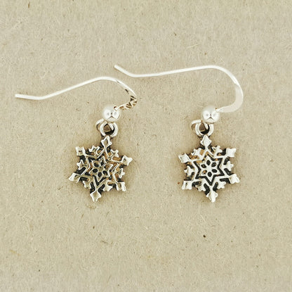 Snowflake Charm Earrings in Sterling Silver or Antique Bronze