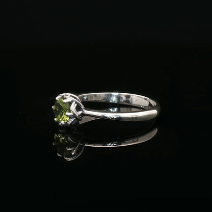 Handmade Solitaire Ring in .925 Sterling Silver with a 5mm natural gemstone set in a 6-prong solitaire style and delicate scrollwork design. Perfect gift or engagement ring for her, elegant, timeless, and handcrafted by Le Dragon Argenté in Montreal, Canada.