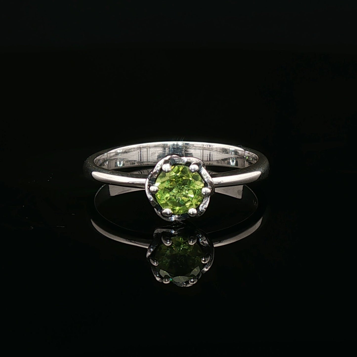 Handmade Solitaire Ring in .925 Sterling Silver with a 5mm natural gemstone set in a 6-prong solitaire style and delicate scrollwork design. Perfect gift or engagement ring for her, elegant, timeless, and handcrafted by Le Dragon Argenté in Montreal, Canada.