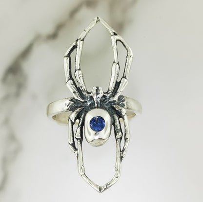 Handcrafted sterling silver spider ring with Imitation Iolite CZ gothic 3D design perfect for fans of gothic fashion Halloween or witchy jewelry.- Le Dragon Argenté
