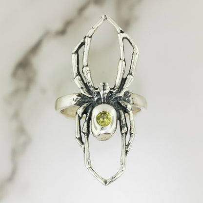 Handcrafted sterling silver spider ring with August birthstone CZ gothic 3D design perfect for fans of gothic fashion Halloween or witchy jewelry.- Le Dragon Argenté