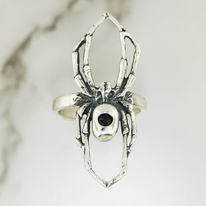 Handcrafted sterling silver spider ring with Black CZ gothic 3D design perfect for fans of gothic fashion Halloween or witchy jewelry.- Le Dragon Argenté