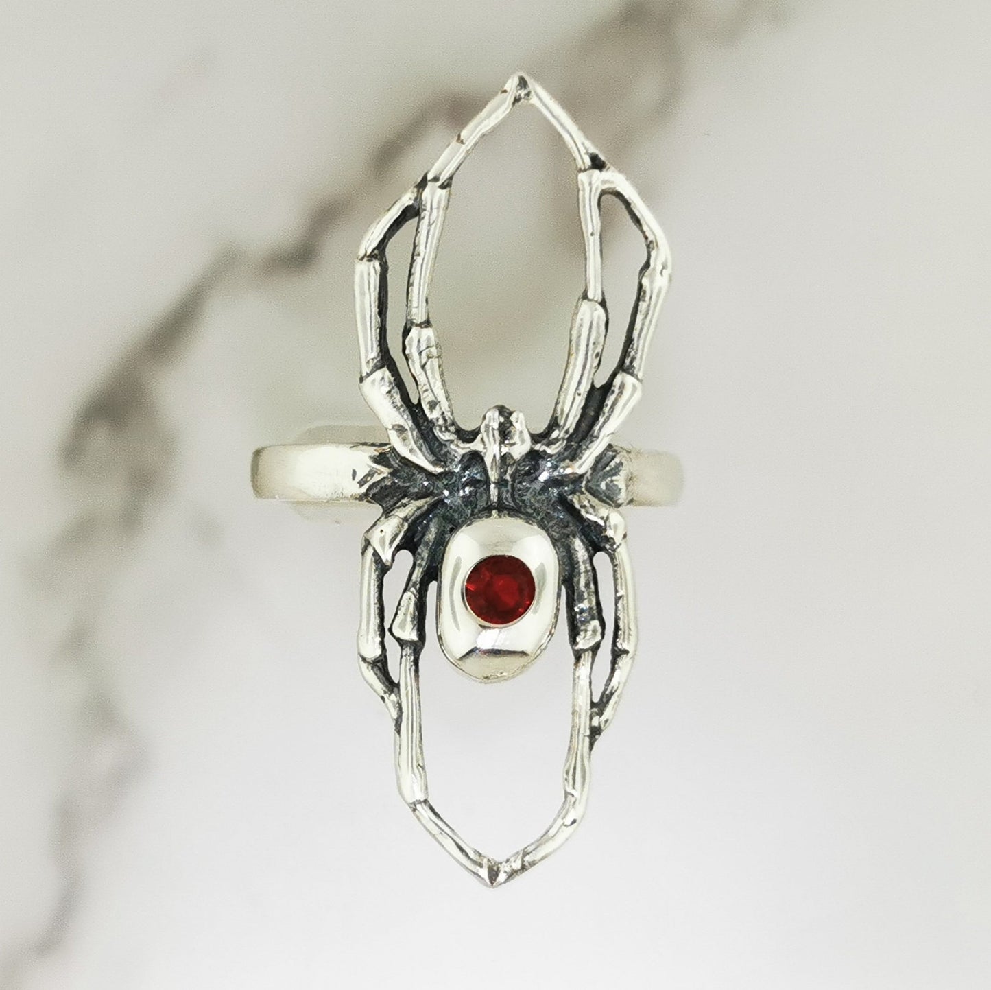 Handcrafted sterling silver spider ring with January birthstone CZ gothic 3D design perfect for fans of gothic fashion Halloween or witchy jewelry.- Le Dragon Argenté