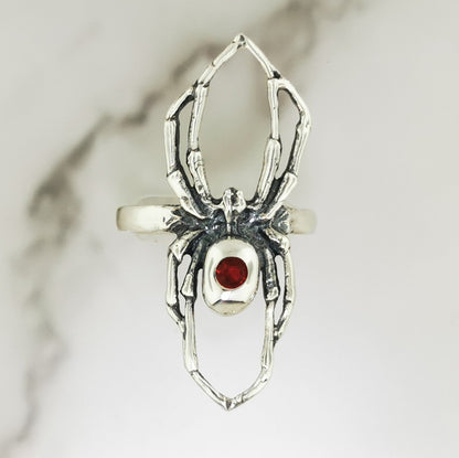 Handcrafted sterling silver spider ring with January birthstone CZ gothic 3D design perfect for fans of gothic fashion Halloween or witchy jewelry.- Le Dragon Argenté