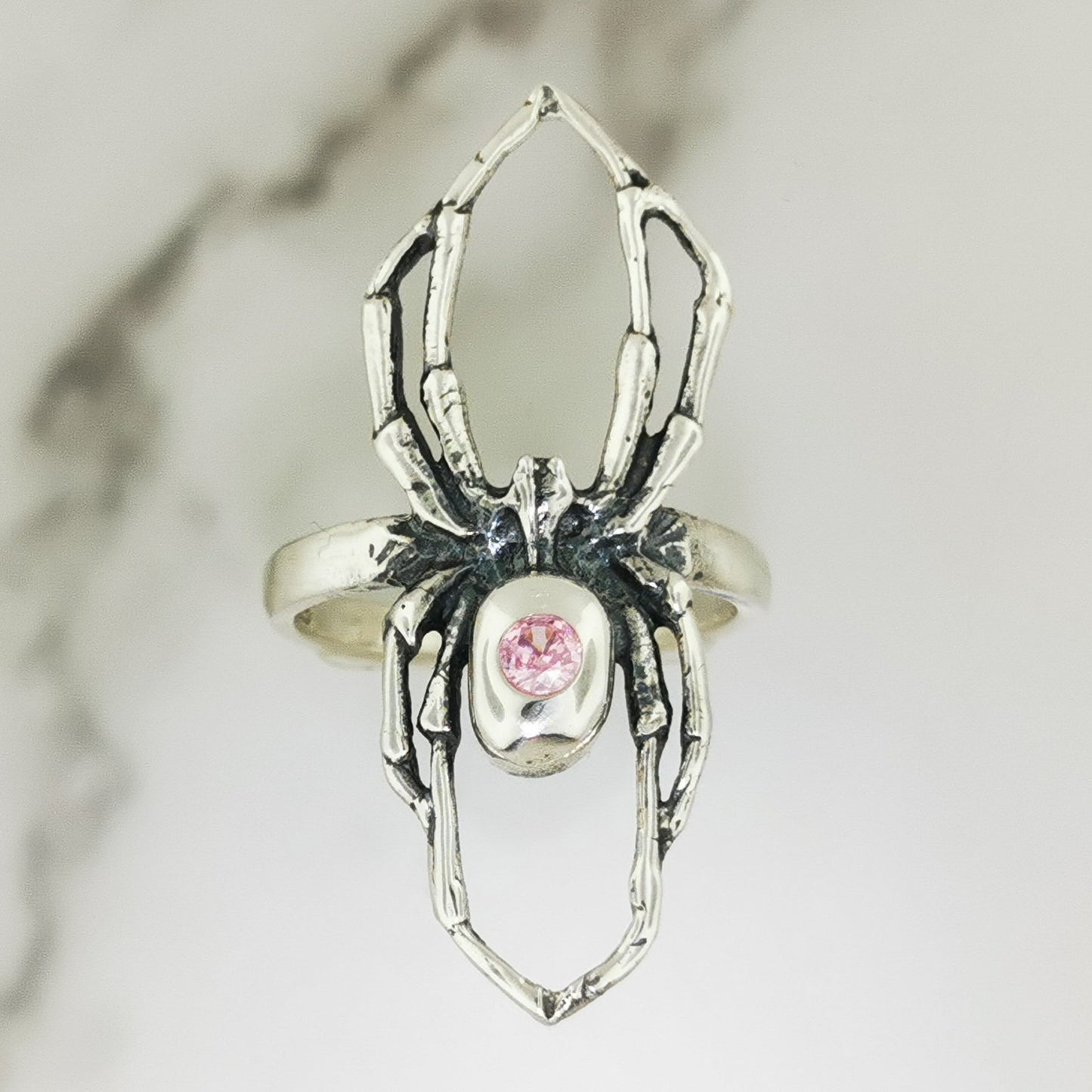 Handcrafted sterling silver spider ring with October birthstone CZ gothic 3D design perfect for fans of gothic fashion Halloween or witchy jewelry.- Le Dragon Argenté