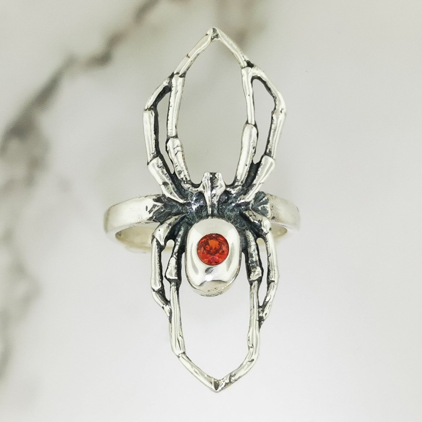 Handcrafted sterling silver spider ring with Orange CZ gothic 3D design perfect for fans of gothic fashion Halloween or witchy jewelry.- Le Dragon Argenté