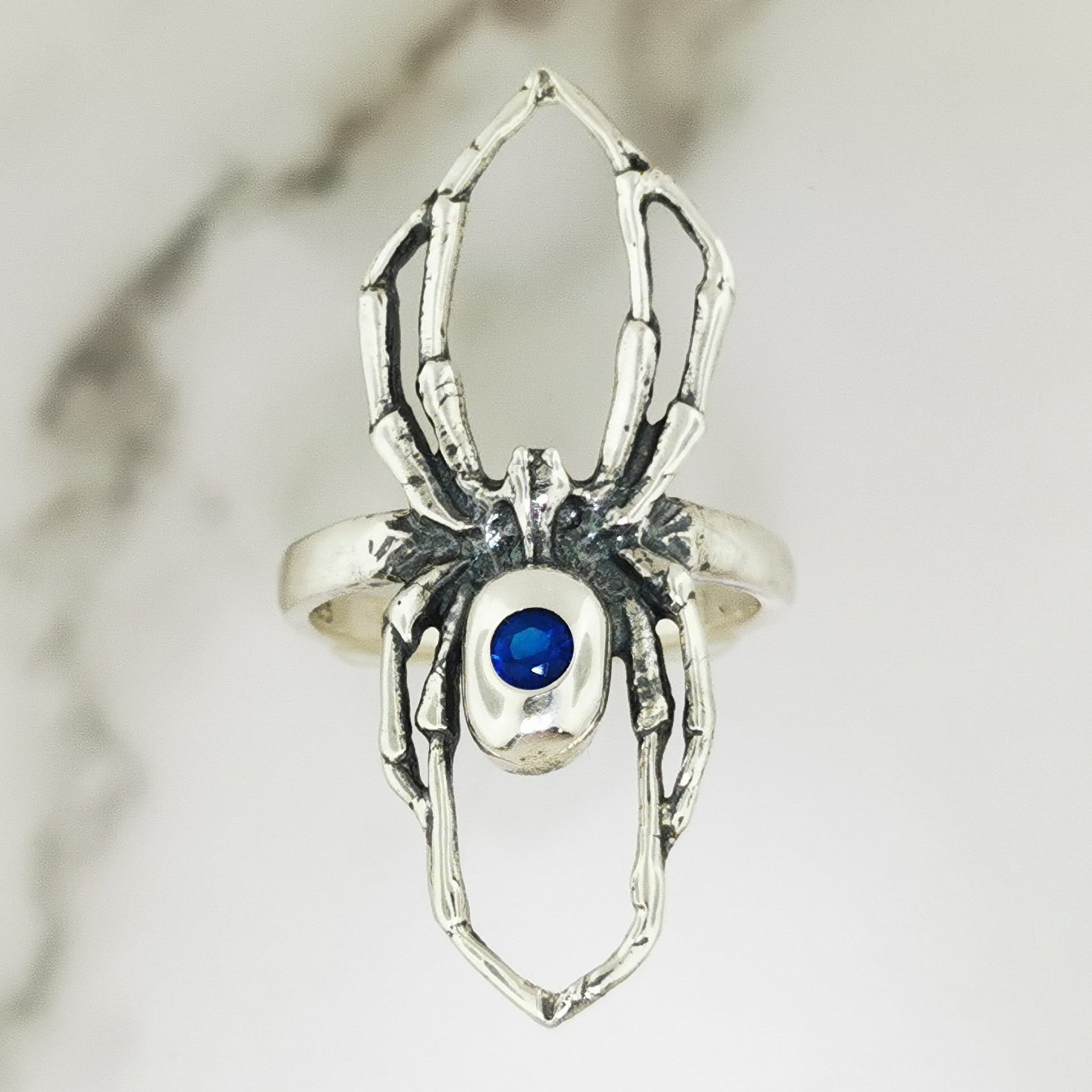 Handcrafted sterling silver spider ring with September birthstone CZ gothic 3D design perfect for fans of gothic fashion Halloween or witchy jewelry.- Le Dragon Argenté