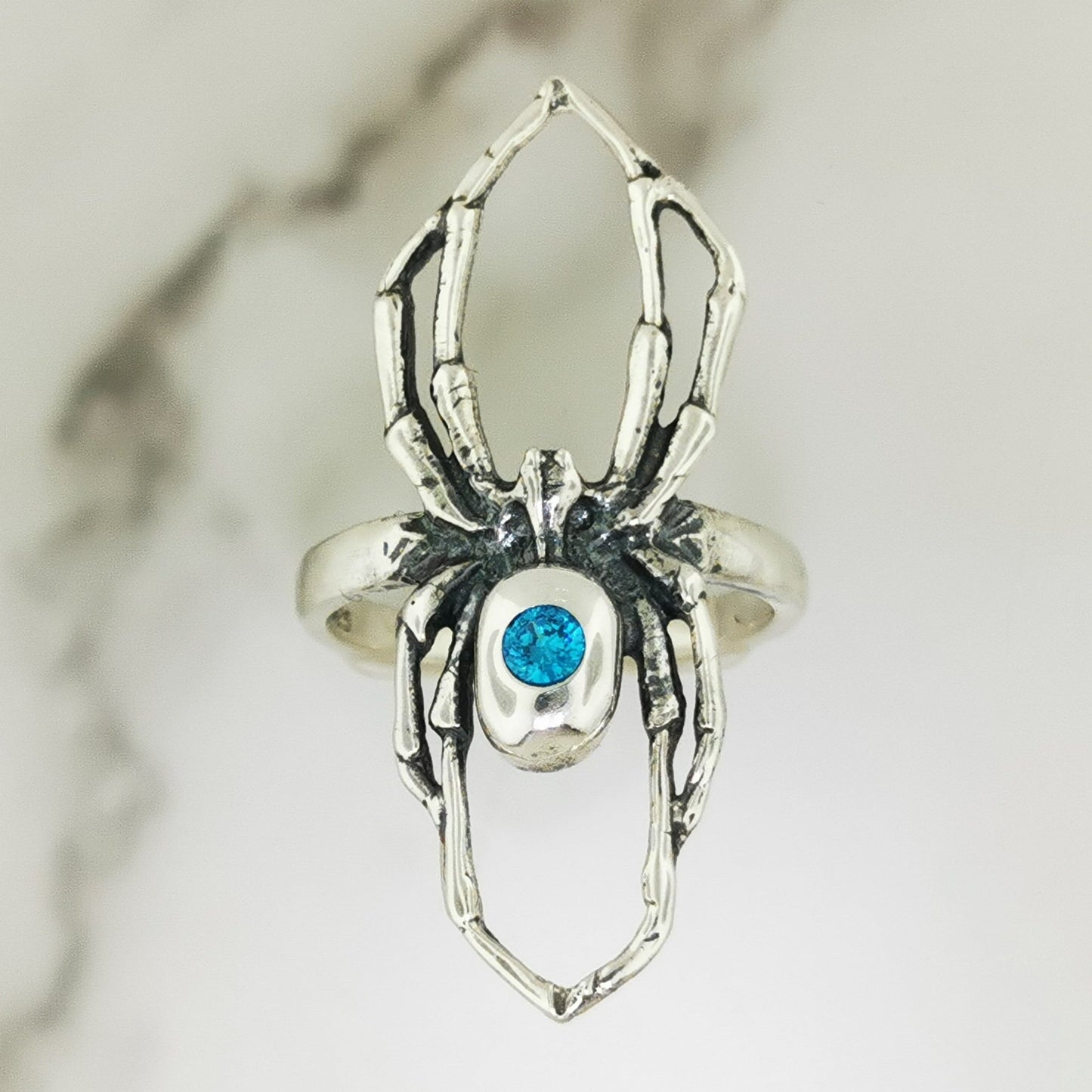 Handcrafted sterling silver spider ring with December birthstone CZ gothic 3D design perfect for fans of gothic fashion Halloween or witchy jewelry.- Le Dragon Argenté