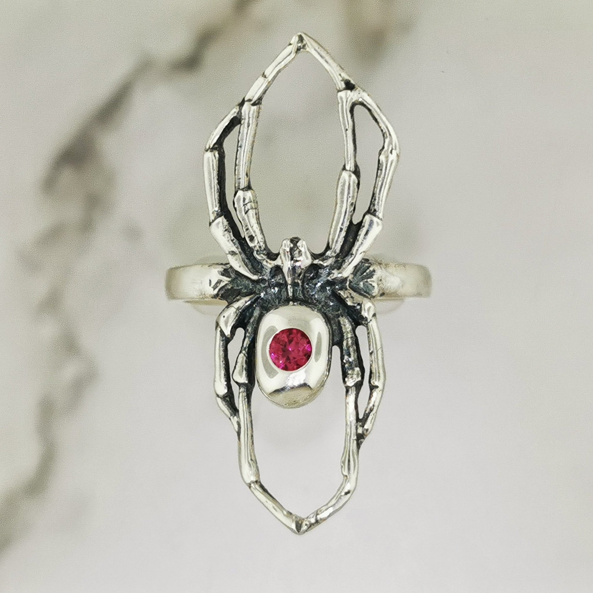 Handcrafted sterling silver spider ring with July birthstone CZ gothic 3D design perfect for fans of gothic fashion Halloween or witchy jewelry.- Le Dragon Argenté