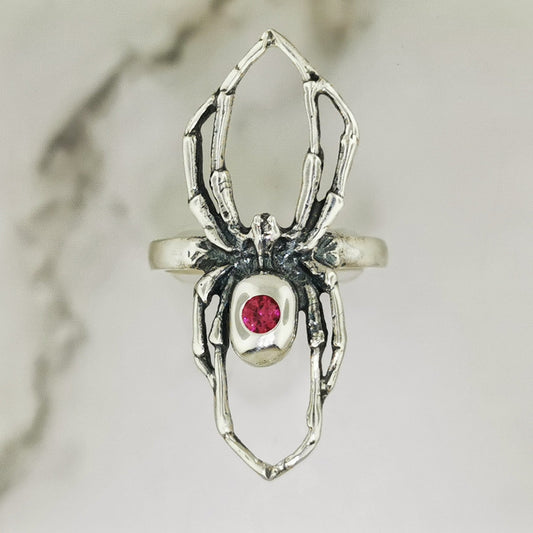Handcrafted sterling silver spider ring with July birthstone CZ gothic 3D design perfect for fans of gothic fashion Halloween or witchy jewelry.- Le Dragon Argenté