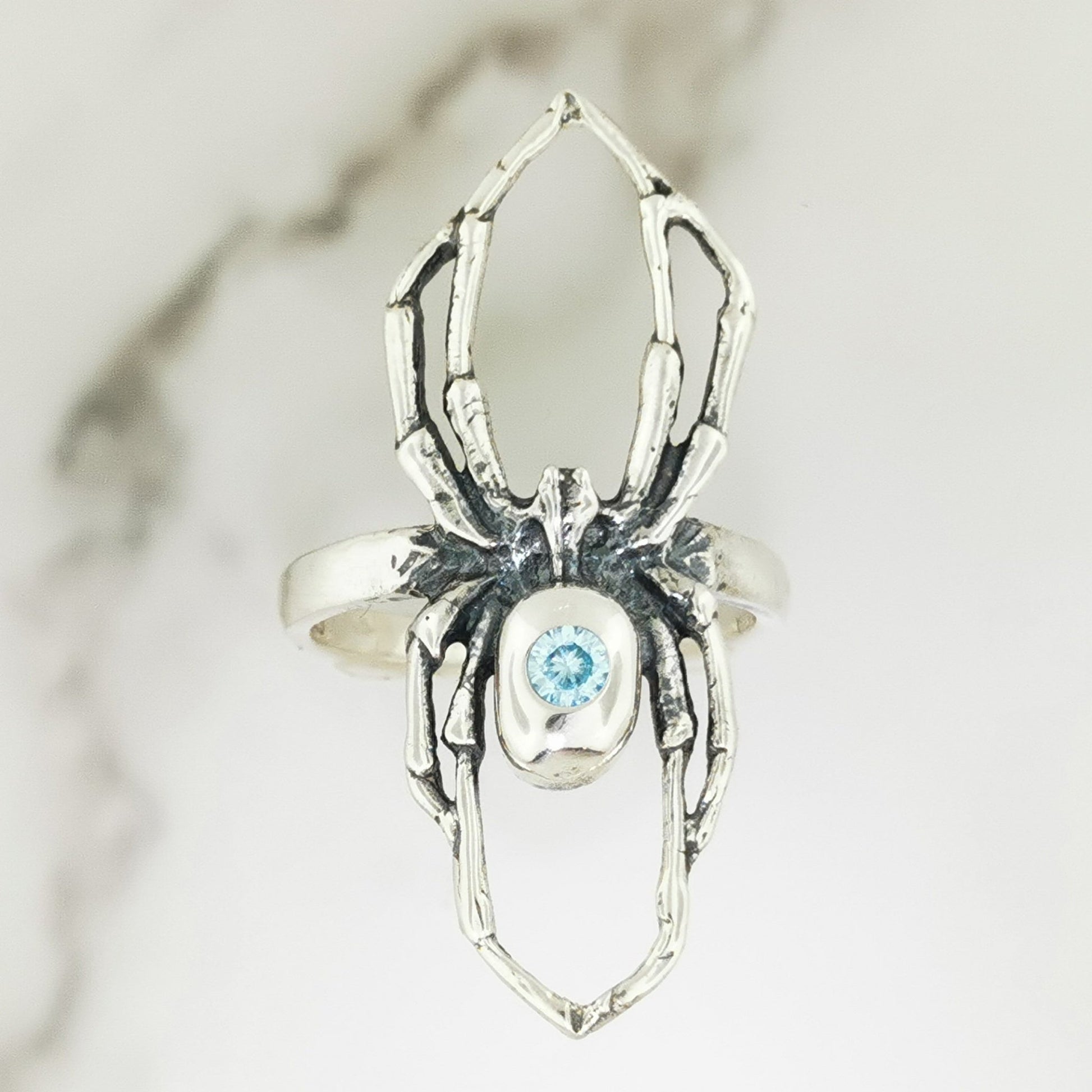 Handcrafted sterling silver spider ring with March birthstone CZ gothic 3D design perfect for fans of gothic fashion Halloween or witchy jewelry.- Le Dragon Argenté