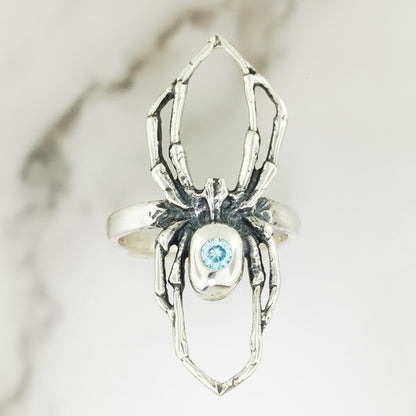 Handcrafted sterling silver spider ring with March birthstone CZ gothic 3D design perfect for fans of gothic fashion Halloween or witchy jewelry.- Le Dragon Argenté