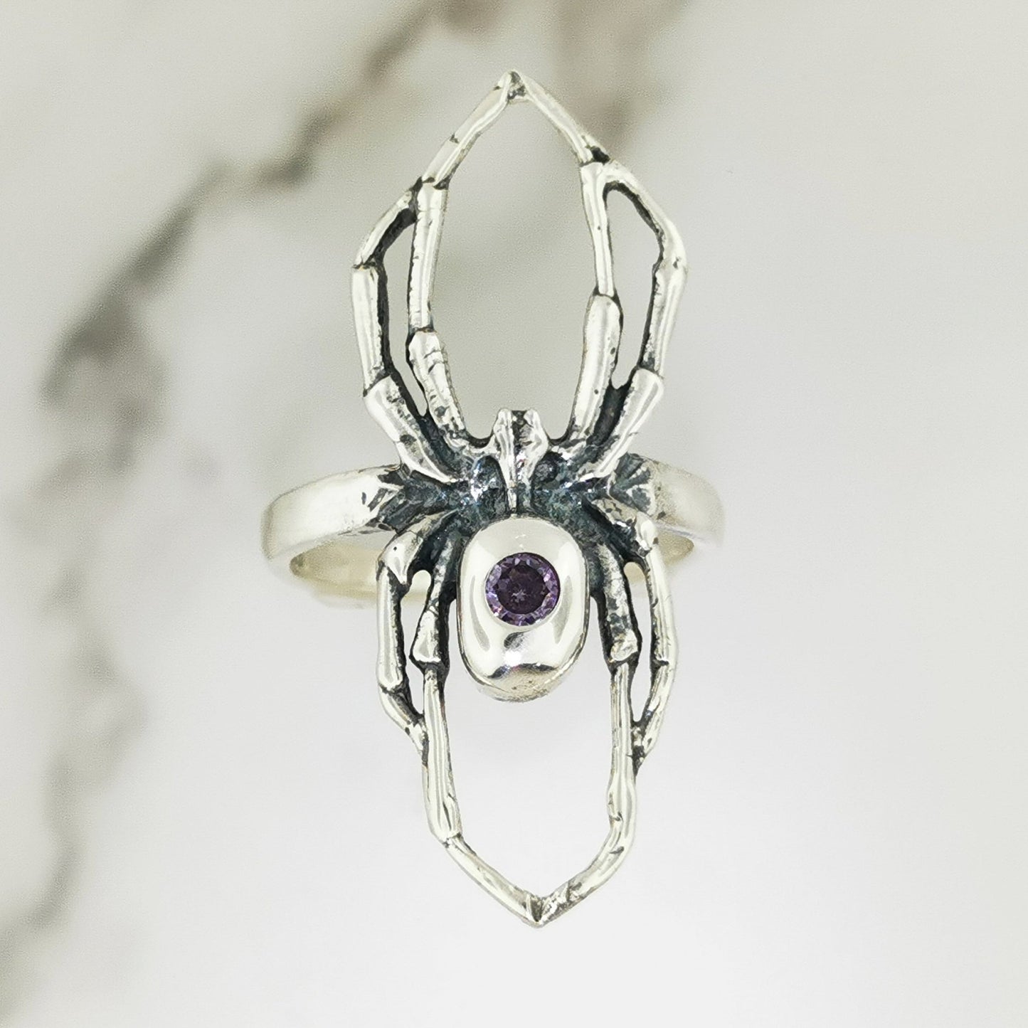Handcrafted sterling silver spider ring with June birthstone CZ gothic 3D design perfect for fans of gothic fashion Halloween or witchy jewelry.- Le Dragon Argenté