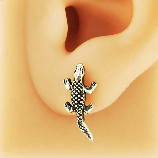 Handmade sterling silver alligator stud earrings with detailed reptile design – Le Dragon Argenté