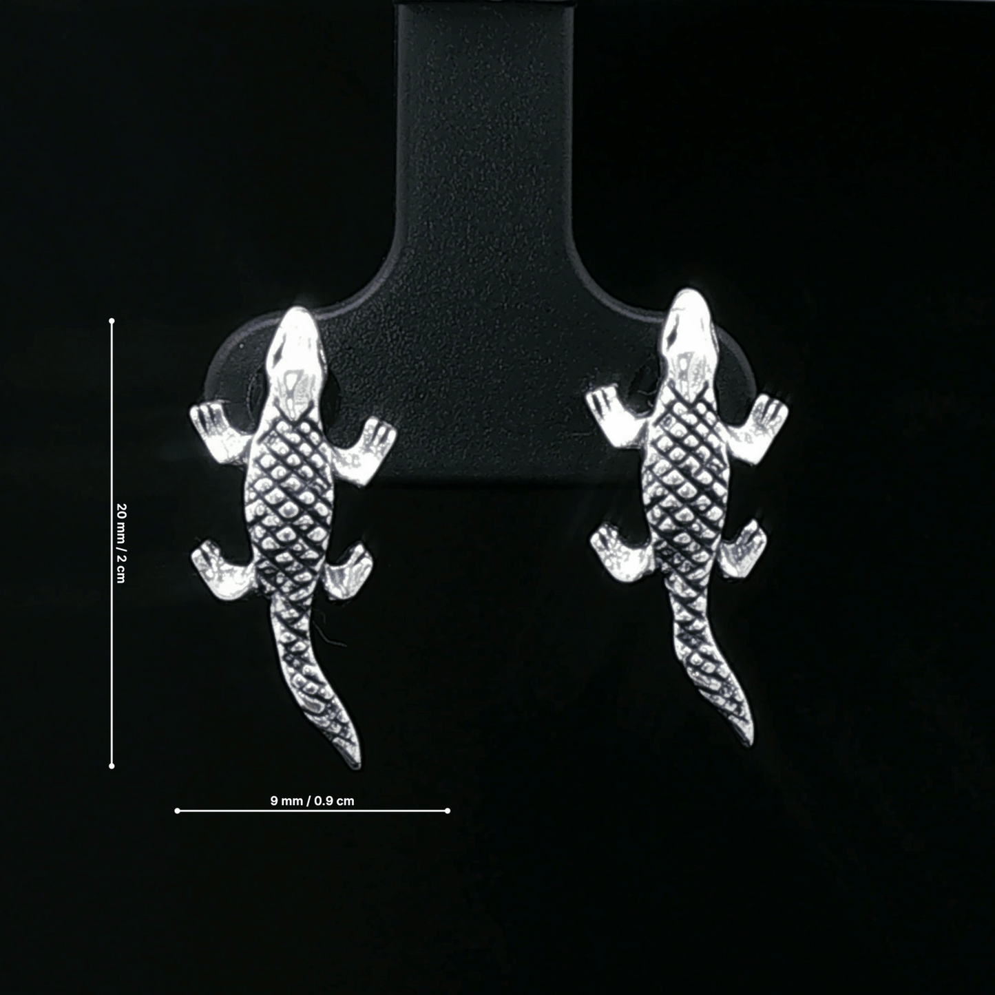 Unique animal jewelry featuring sterling silver alligator studs showing dimensions/size