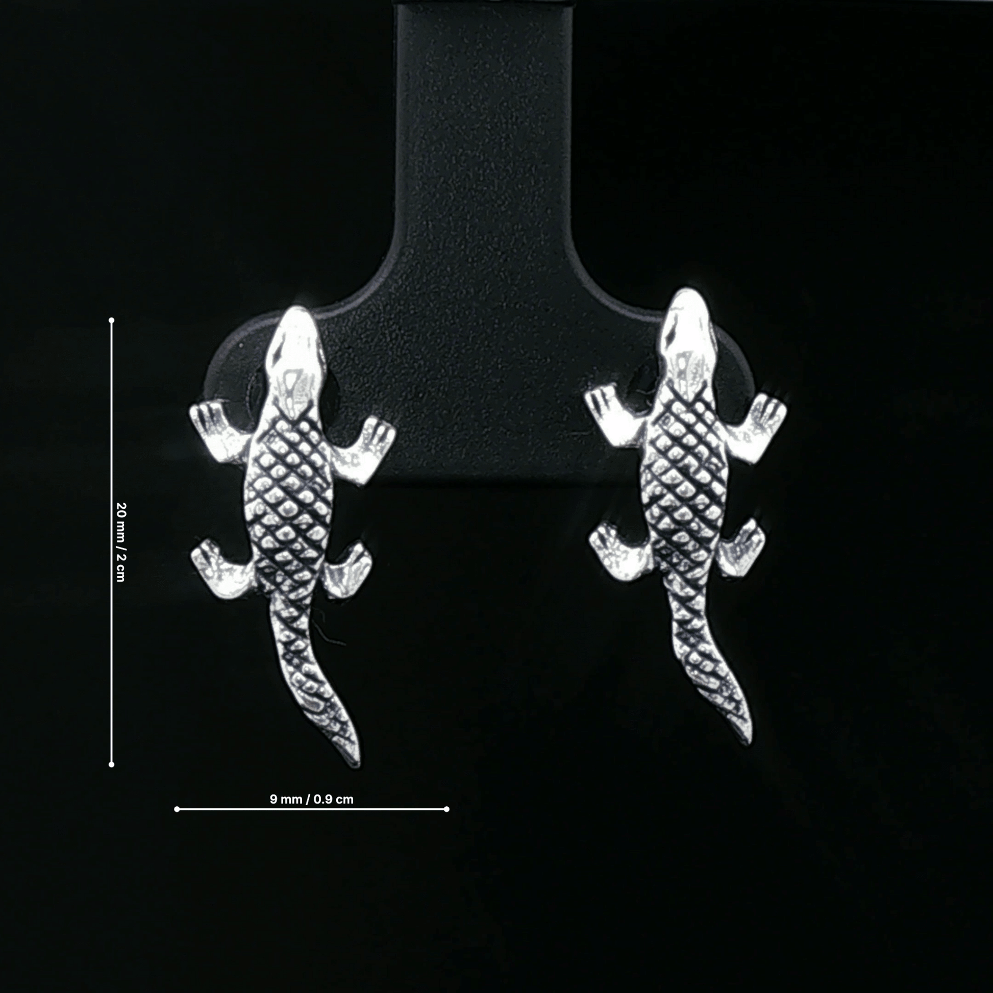 Unique animal jewelry featuring sterling silver alligator studs showing dimensions/size