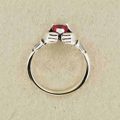 Sterling Silver Claddagh Ring with Chatham Ruby Heart - Le Dragon Argenté