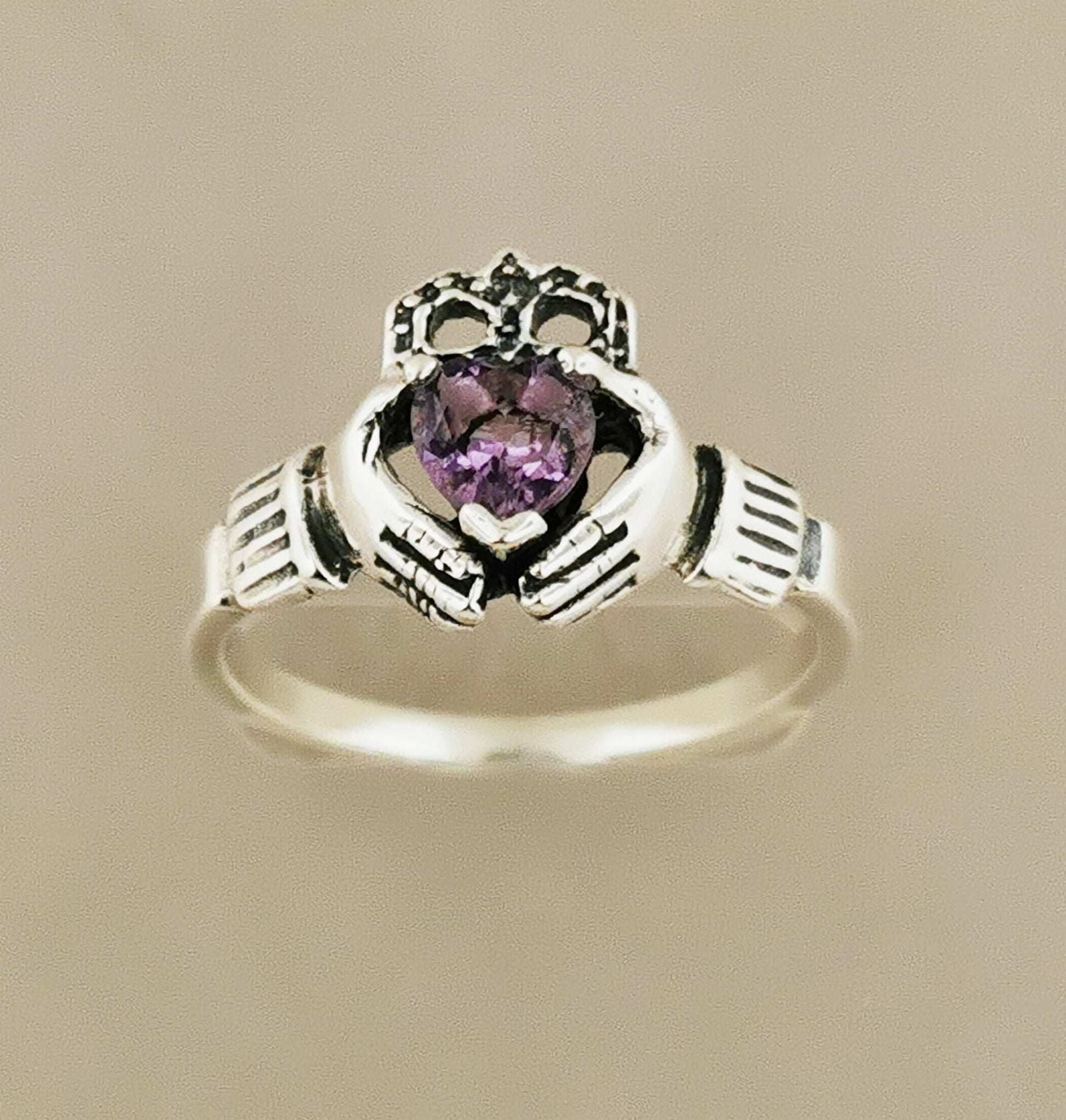 Sterling Silver Claddagh Ring with Gemstone Heart - Le Dragon Argenté