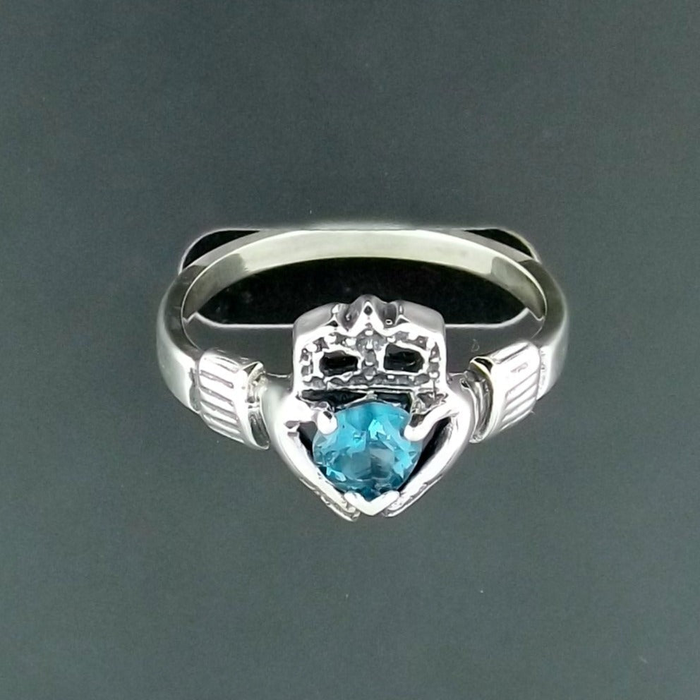 Sterling Silver Claddagh Ring with Gemstone Heart - Le Dragon Argenté