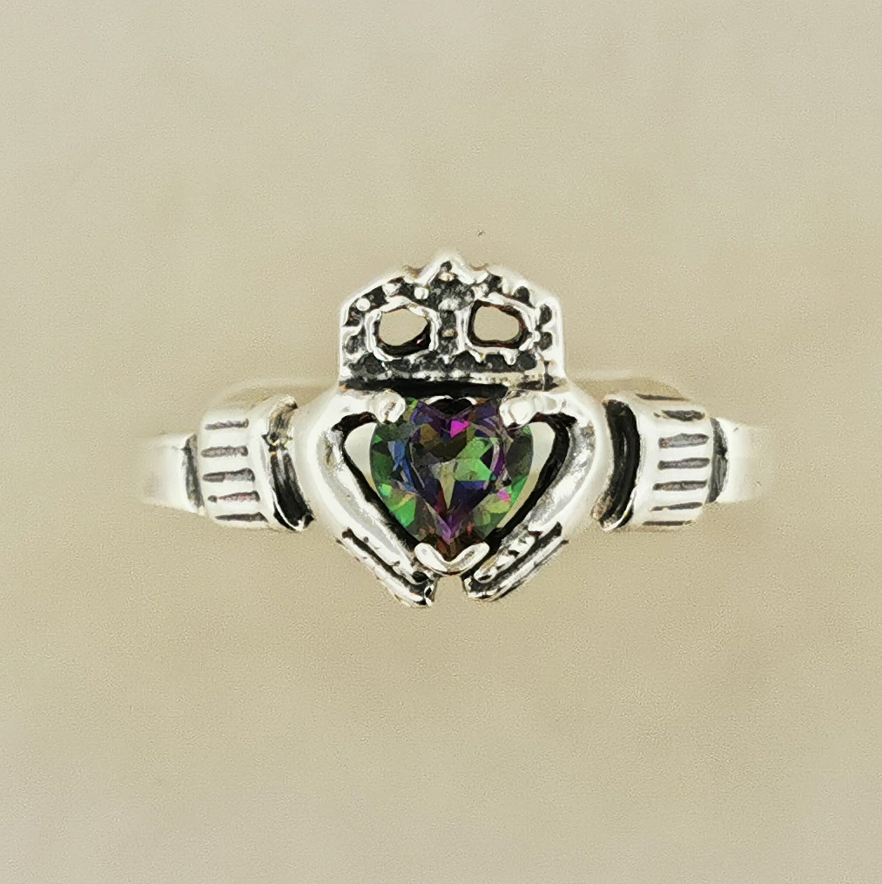 Sterling Silver Claddagh Ring with Gemstone Heart - Le Dragon Argenté