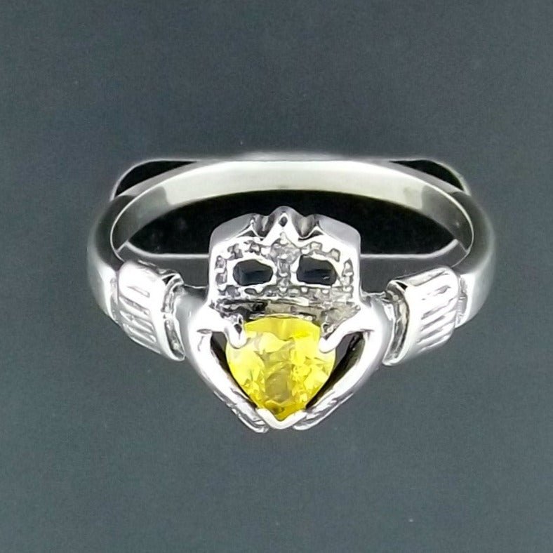 Sterling Silver Claddagh Ring with Gemstone Heart - Le Dragon Argenté