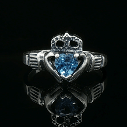Personalized Claddagh Birthstone Ring Sterling Silver Irish Heritage Jewelry Custom Heart Stone Design Handmade Celtic Symbol Love Loyalty Crown Traditional Irish Gift Meaningful Friendship Ring Faceted Birthstone Heart Genuine Silver