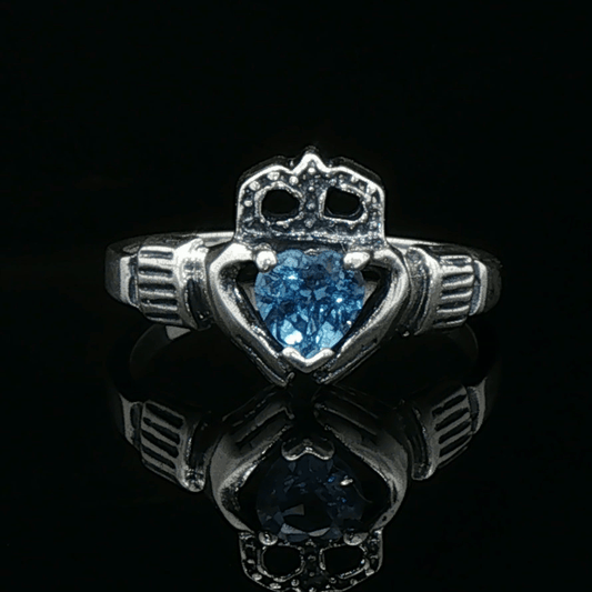 Personalized Claddagh Birthstone Ring Sterling Silver Irish Heritage Jewelry Custom Heart Stone Design Handmade Celtic Symbol Love Loyalty Crown Traditional Irish Gift Meaningful Friendship Ring Faceted Birthstone Heart Genuine Silver