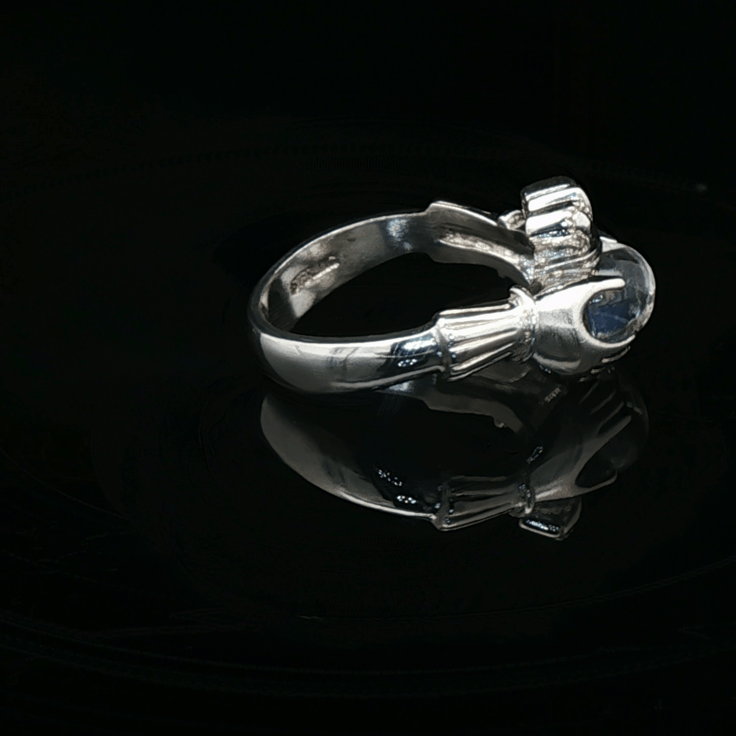 Sterling Silver Claddagh Ring with Heart - Shaped Crystal Quartz Cabochon, size 5 - Le Dragon Argenté - Live Sale - 