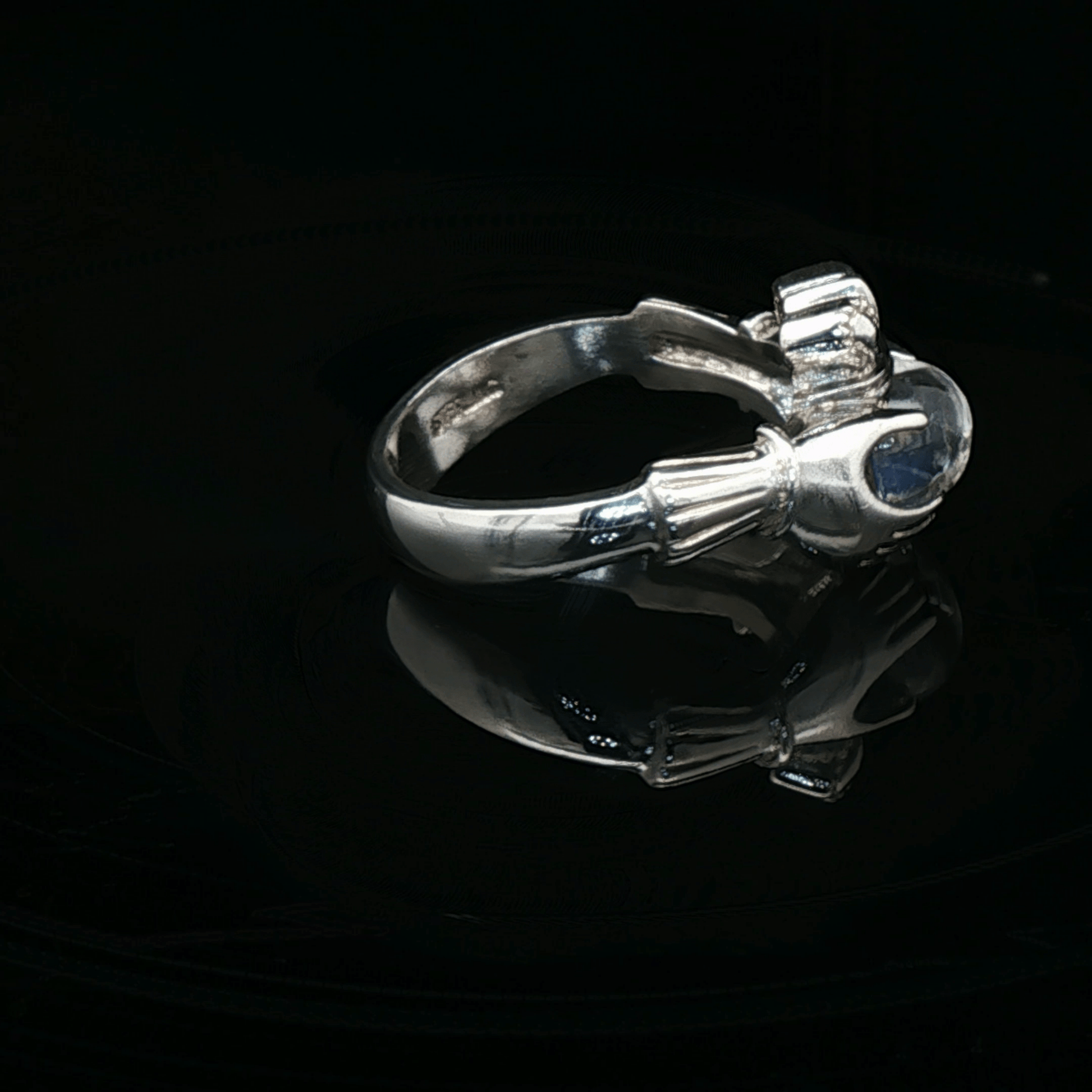 Sterling Silver Claddagh Ring with Heart - Shaped Crystal Quartz Cabochon, size 5 - Le Dragon Argenté - Live Sale - 