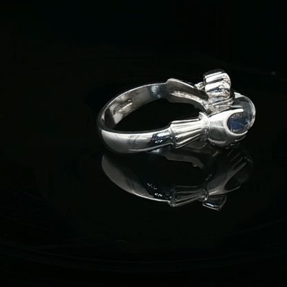 Sterling Silver Claddagh Ring with Heart - Shaped Crystal Quartz Cabochon, size 5 - Le Dragon Argenté - Live Sale - 