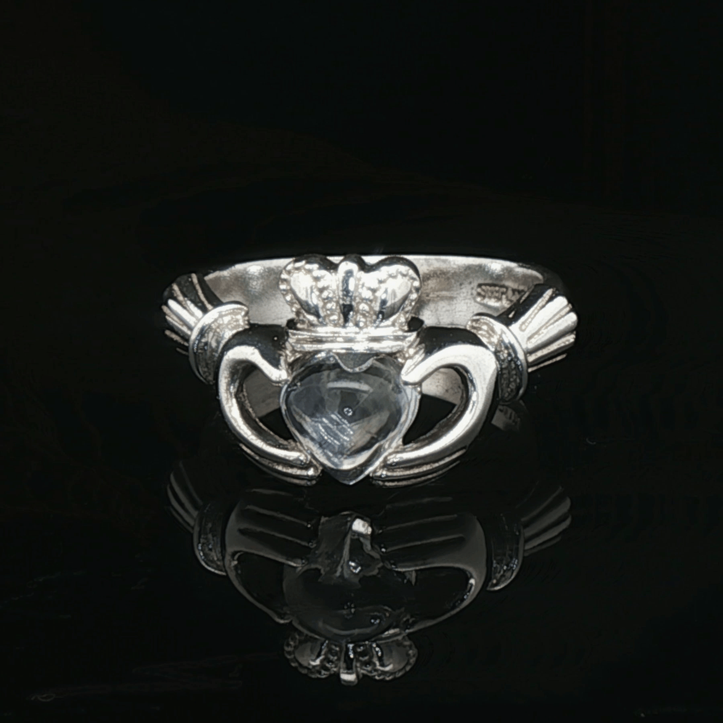 Sterling Silver Claddagh Ring with Heart - Shaped Crystal Quartz Cabochon, size 5 - Le Dragon Argenté - Live Sale - 
