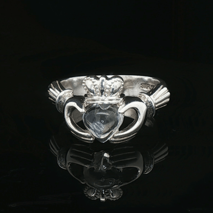 Sterling Silver Claddagh Ring with Heart - Shaped Crystal Quartz Cabochon, size 5 - Le Dragon Argenté - Live Sale - 