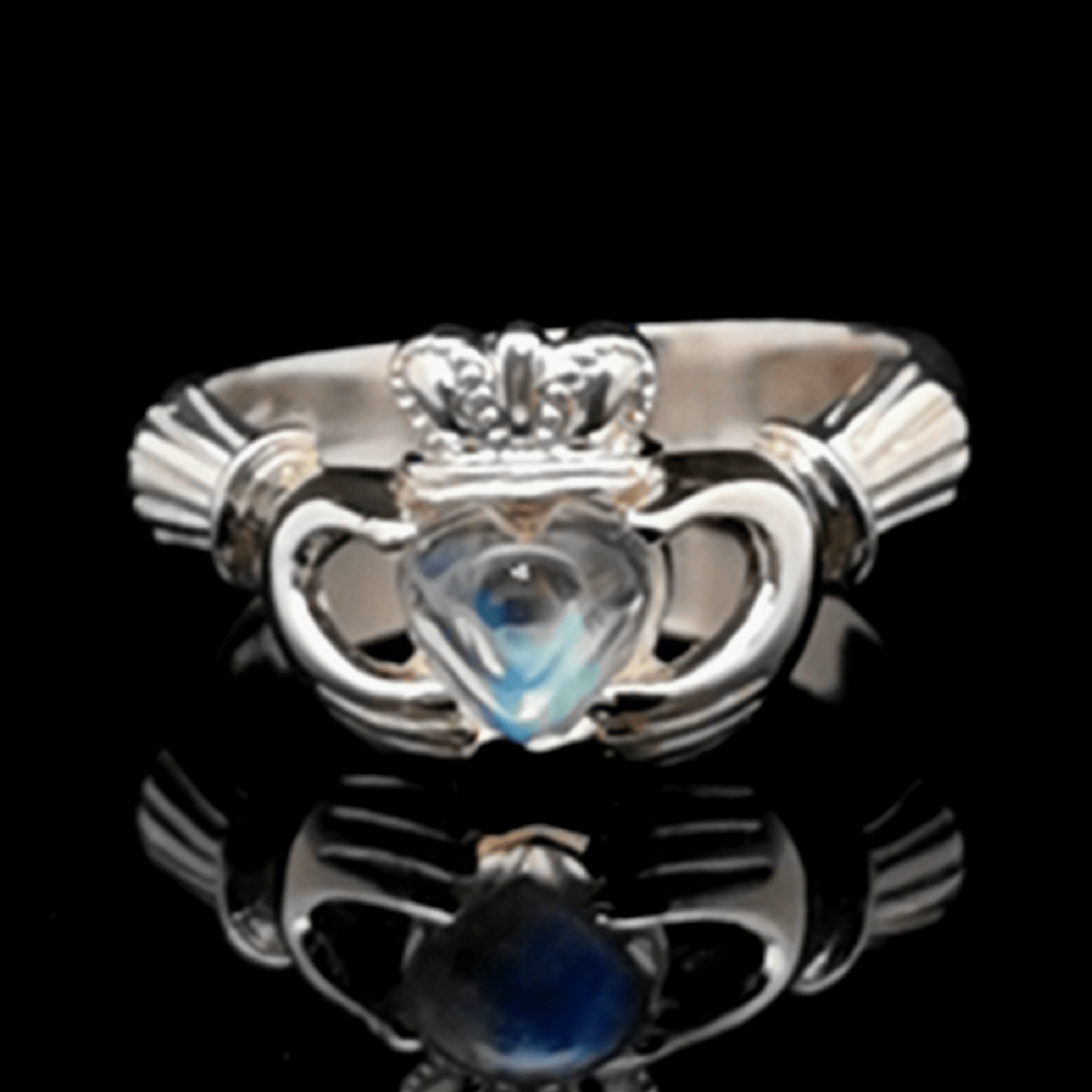 Sterling Silver Claddagh Ring with Rainbow Moonstone Cabochon, size 7 - Le Dragon Argenté - Live Sale - 
