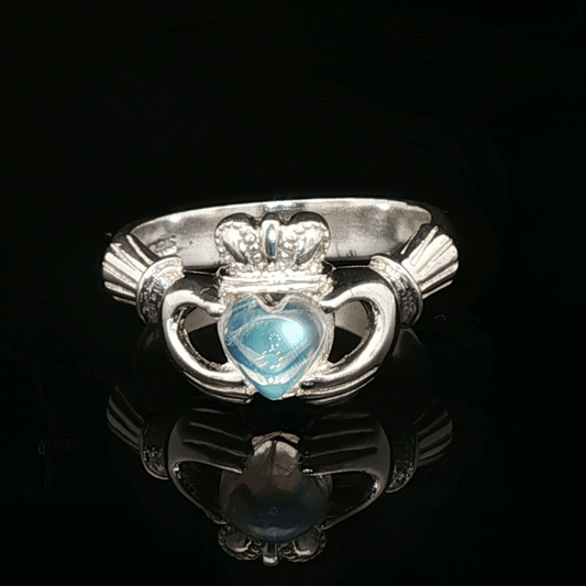 Sterling Silver Claddagh Ring with Rainbow Moonstone Cabochon, size 7 - Le Dragon Argenté - Live Sale - 