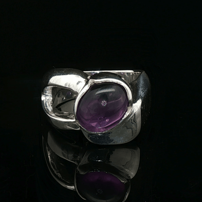 Sterling Silver Cocktail Ring with Cabochon Amethyst, size 6 - Le Dragon Argenté - Live Sale - 