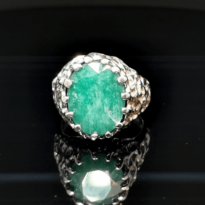 Sterling Silver Cocktail Ring with Oval Opaque Emerald, size 9 - Le Dragon Argenté - Live Sale - 