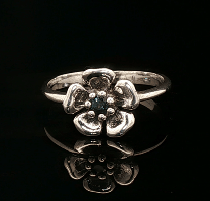 Sterling Silver Flower Solitaire Ring, Sapphire, size 7.5 - Le Dragon Argenté - Live Sale - 