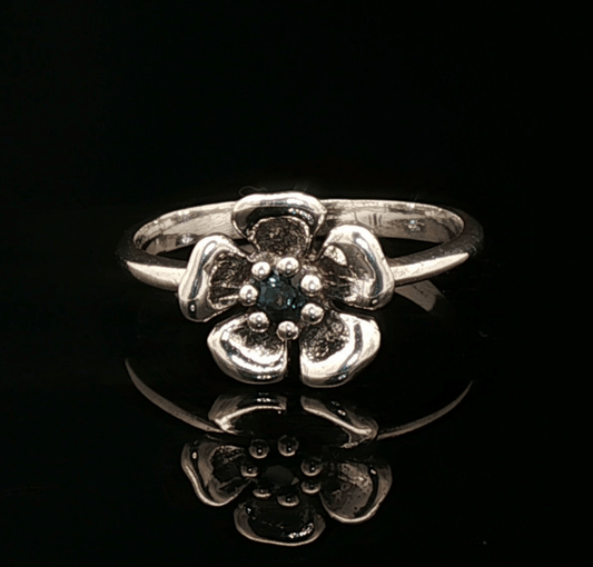 Sterling Silver Flower Solitaire Ring, Sapphire, size 7.5 - Le Dragon Argenté - Live Sale - 