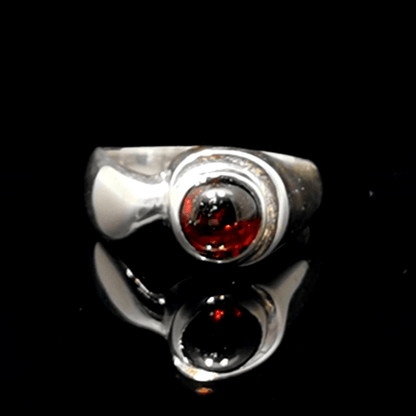 Sterling Silver Geometric Solitaire Ring with Cabochon Garnet, size 7.75 - Le Dragon Argenté - Live Sale - 