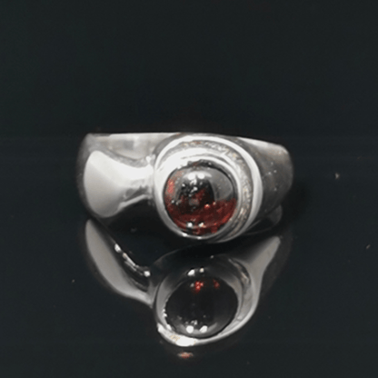 Sterling Silver Geometric Solitaire Ring with Cabochon Garnet, size 7.75 - Le Dragon Argenté - Live Sale - 