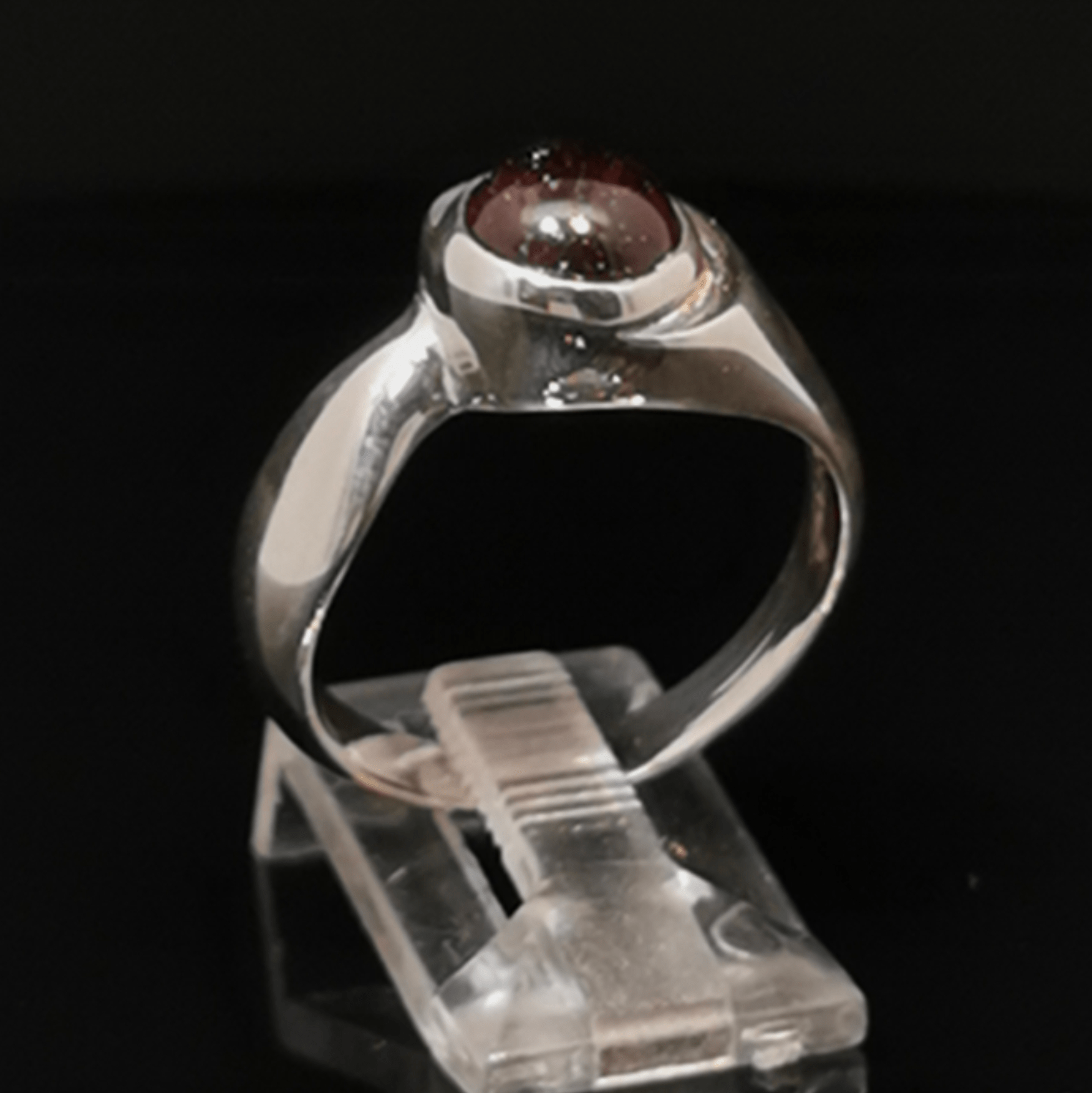 Sterling Silver Geometric Solitaire Ring with Cabochon Garnet, size 7.75 - Le Dragon Argenté - Live Sale - 