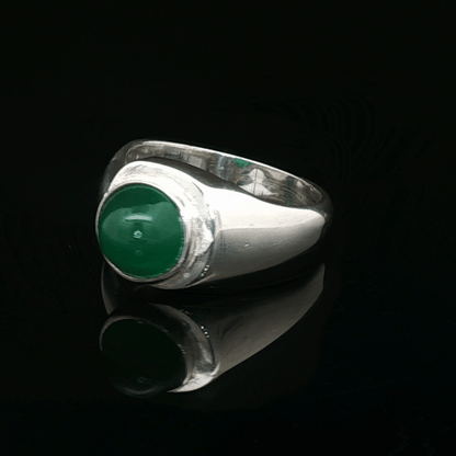 Sterling Silver Geometric Solitaire Ring with Cabochon Green Onyx, size 6.25 - Le Dragon Argenté - Live Sale - 