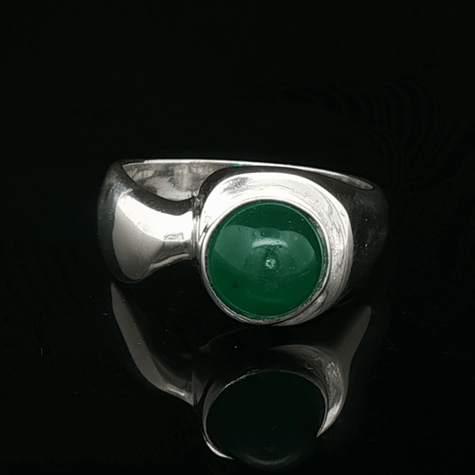 Sterling Silver Geometric Solitaire Ring with Cabochon Green Onyx, size 6.25 - Le Dragon Argenté - Live Sale - 