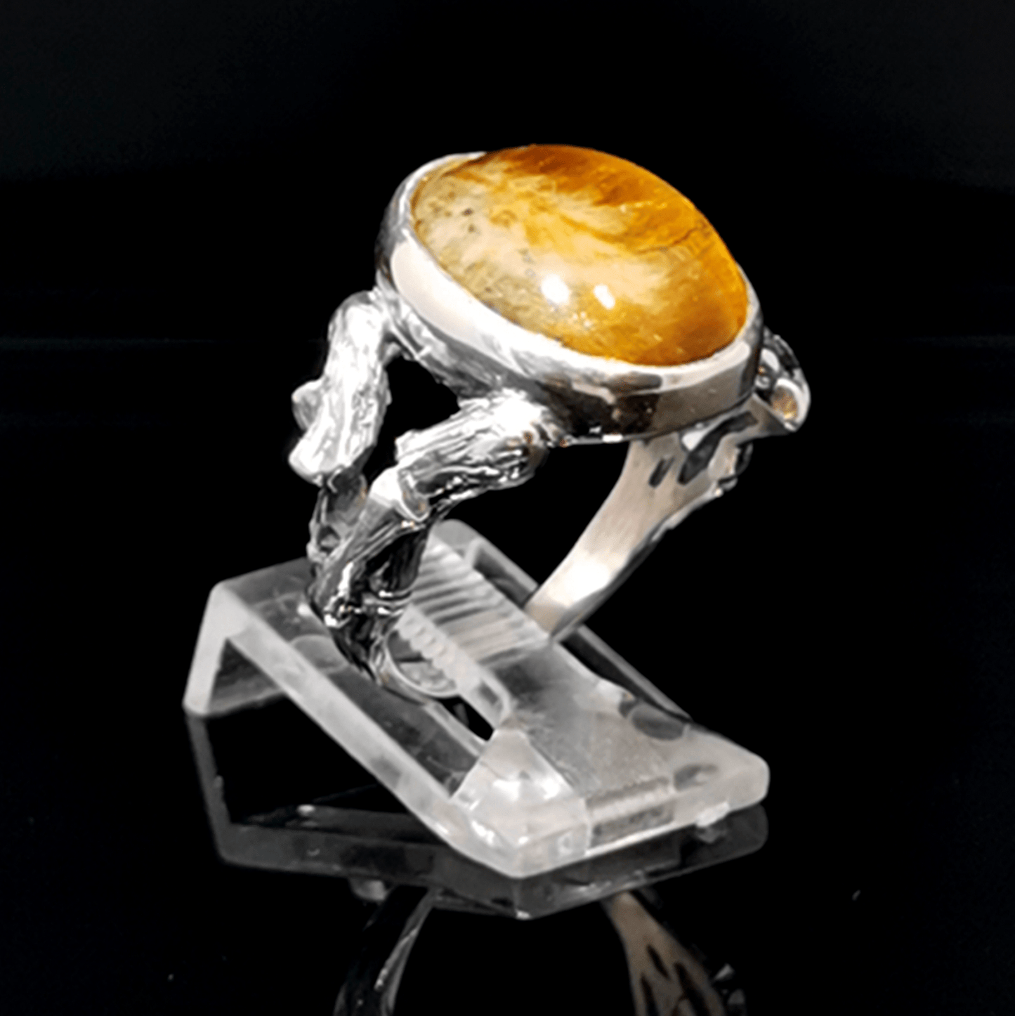 Sterling Silver Wood Style Ring with Tiger's Eye Cabochon, size 7.5 - Le Dragon Argenté - Live Sale - 