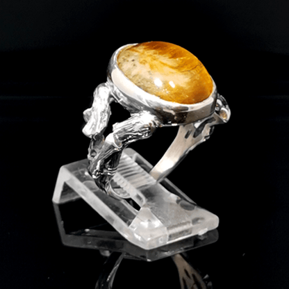 Sterling Silver Wood Style Ring with Tiger's Eye Cabochon, size 7.5 - Le Dragon Argenté - Live Sale - 