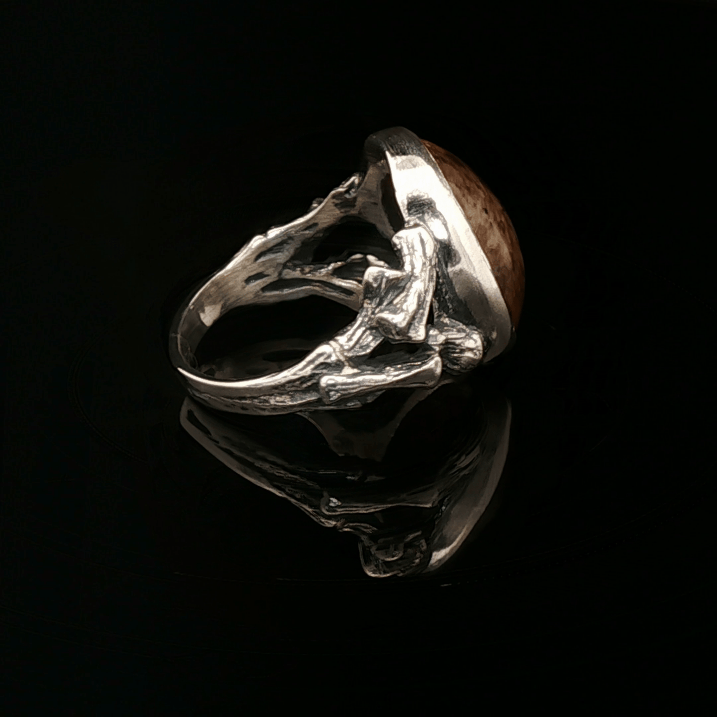 Sterling Silver Wood Style Ring with Tiger's Eye Cabochon, size 7.5 - Le Dragon Argenté - Live Sale - 