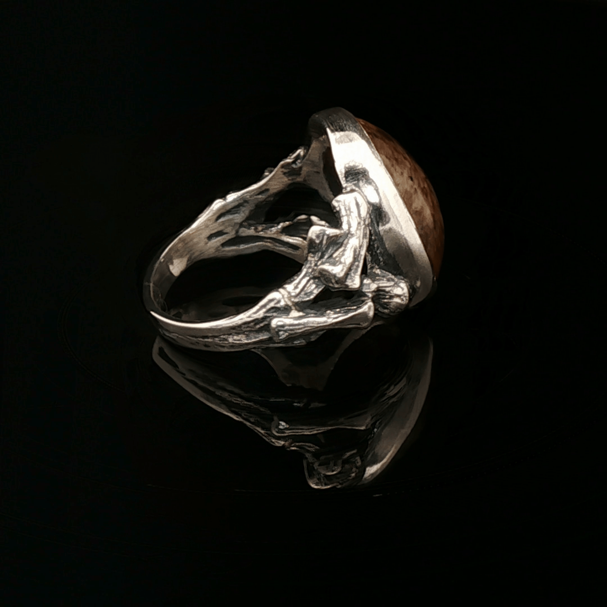 Sterling Silver Wood Style Ring with Tiger's Eye Cabochon, size 7.5 - Le Dragon Argenté - Live Sale - 