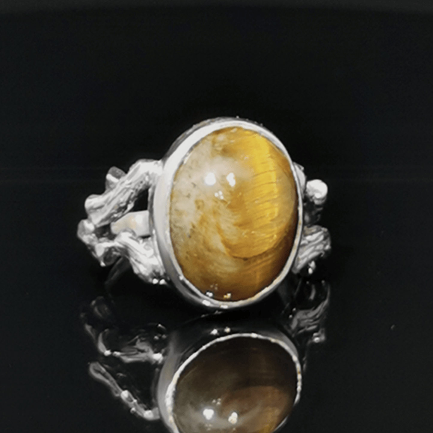 Sterling Silver Wood Style Ring with Tiger's Eye Cabochon, size 7.5 - Le Dragon Argenté - Live Sale - 