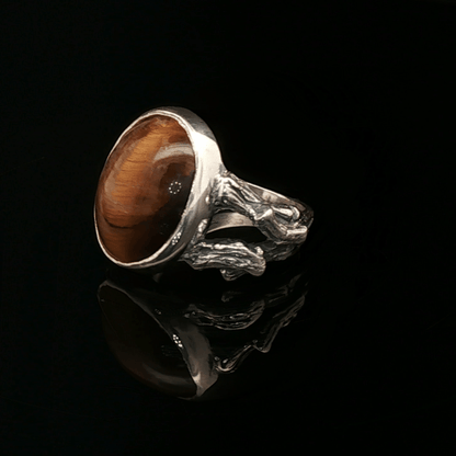 Sterling Silver Wood Style Ring with Tiger's Eye Cabochon, size 7.5 - Le Dragon Argenté - Live Sale - 